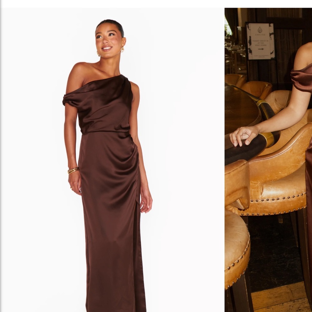 Show Me Your MuMu One-Shoulder Satin Gown in Chocolate Brown